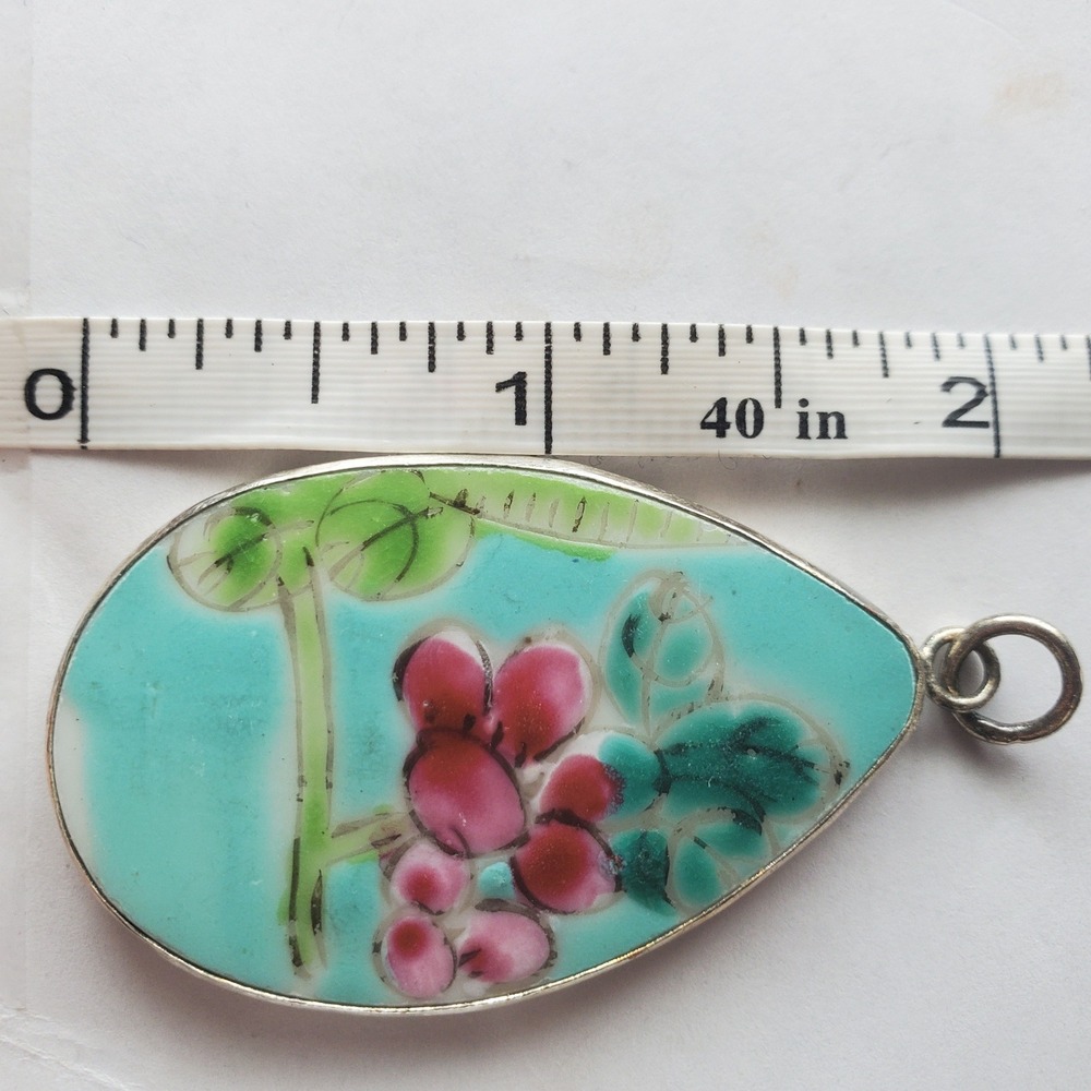 Vintage Turquoise Cloisonne Enamel Floral Teardrop Pottery Shard Pendant Focal‎ - Picture 9 of 10